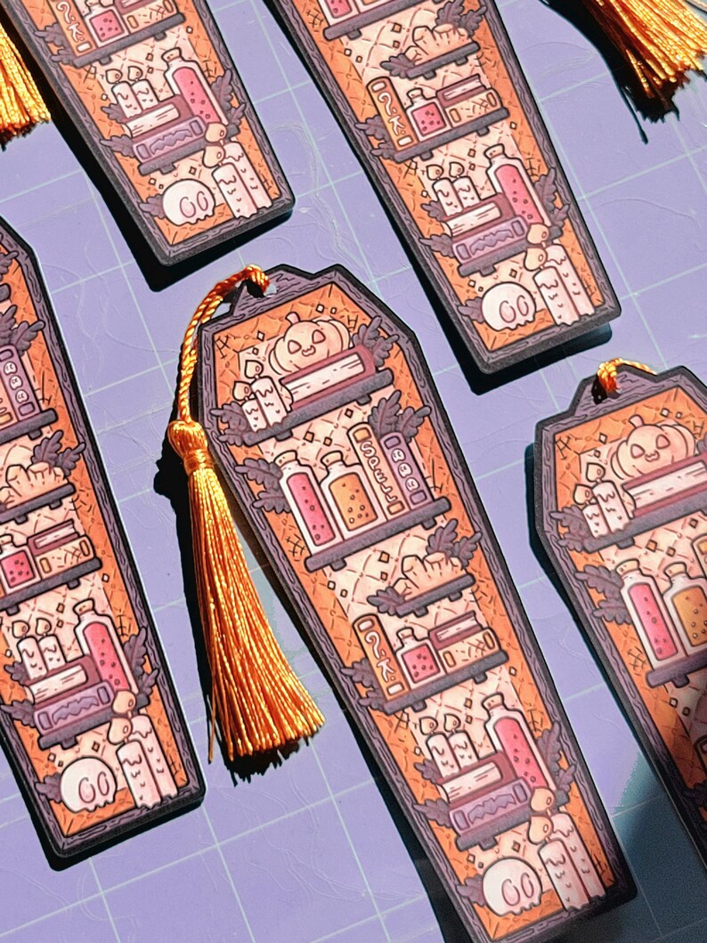 2x6 Gold Orange Coffin Bookmark with Tassel Halloween Cardstock Paper Book Marker, Unique Spooky Witch Library Page Tracker not Laminated image 8
