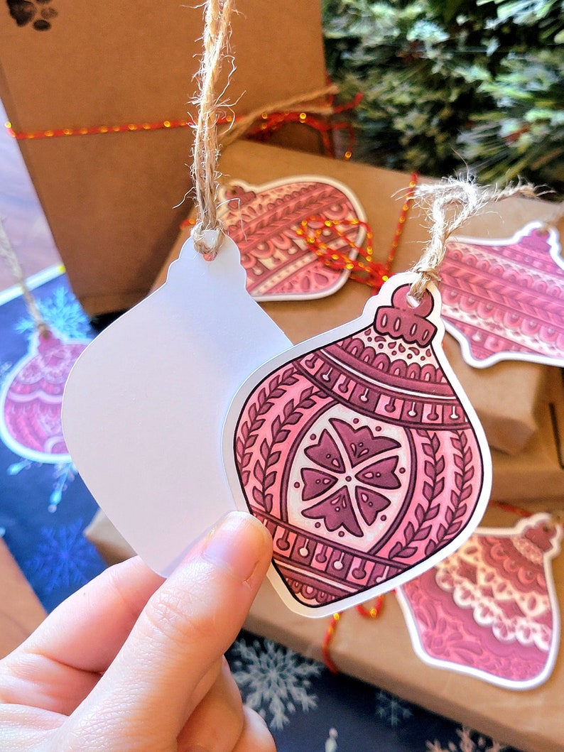 Set of 5 Rustic Gift Hang Tags Red Ornaments with String Secret Festive Present Tags, Holiday Cardstock Folk Art Baubles not Laminated image 2