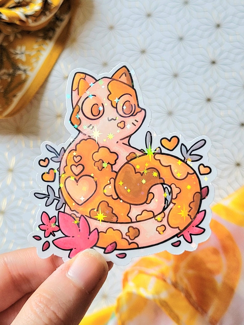 Cute Orange Cat Sticker Holographic or Clear Laminate, Laptop Water Bottle Water Resistant Sticker, Aesthetic Glossy Vinyl Cat Sticker Holographic (Stars)