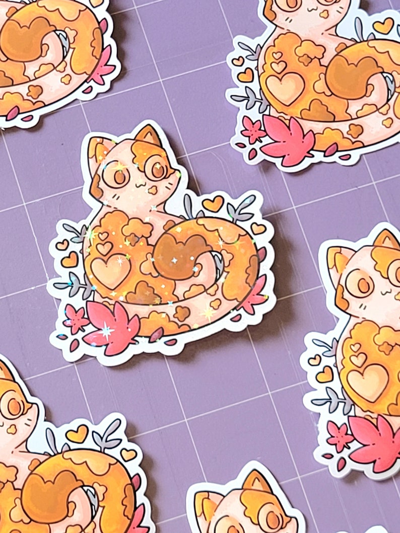 Cute Orange Cat Sticker Holographic or Clear Laminate, Laptop Water Bottle Water Resistant Sticker, Aesthetic Glossy Vinyl Cat Sticker image 6