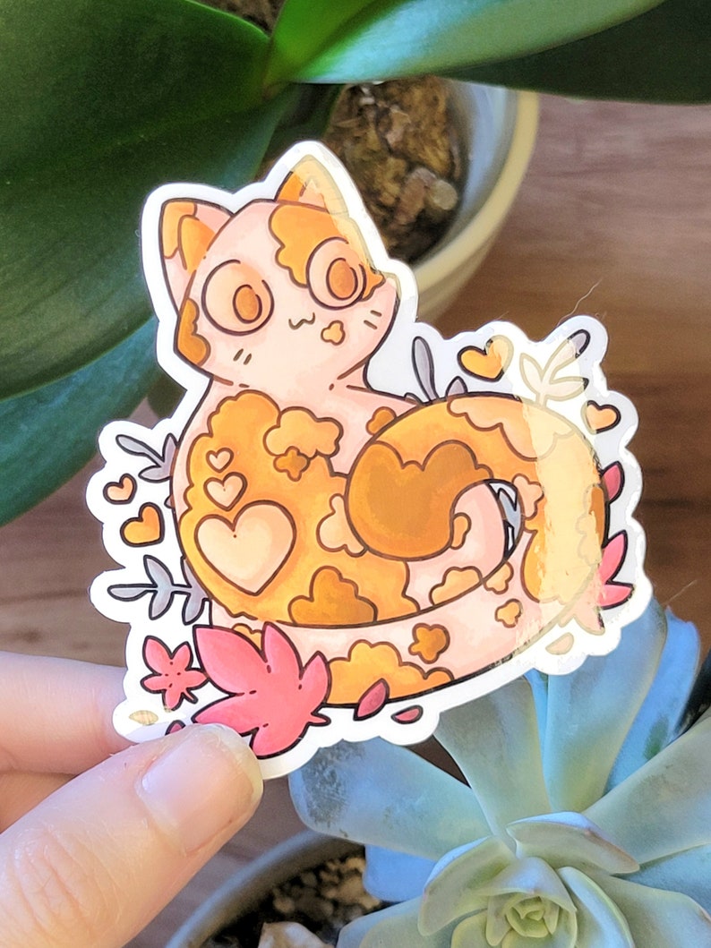 Cute Orange Cat Sticker Holographic or Clear Laminate, Laptop Water Bottle Water Resistant Sticker, Aesthetic Glossy Vinyl Cat Sticker Clear (No Pattern)