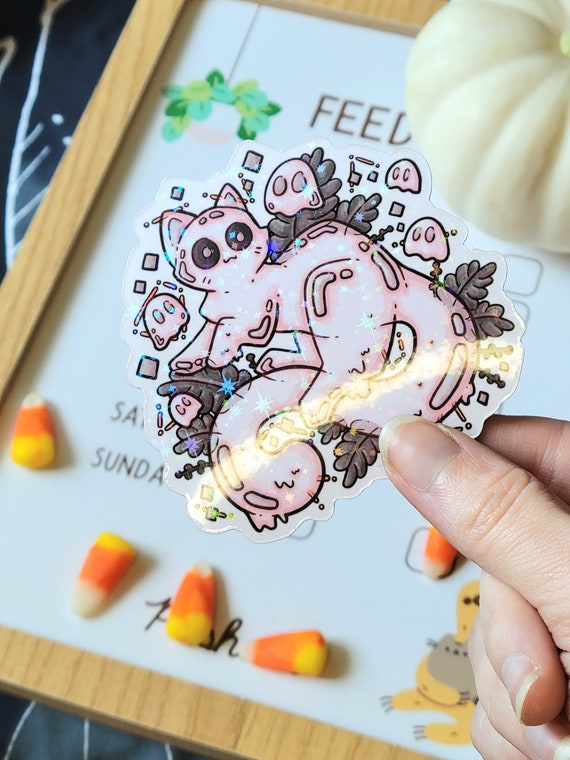 White Cat Fridge Decorative Magnet - Laminated Clear or Holographic, Flexible Halloween Ghost Dishwasher Magnet for Indoor Use