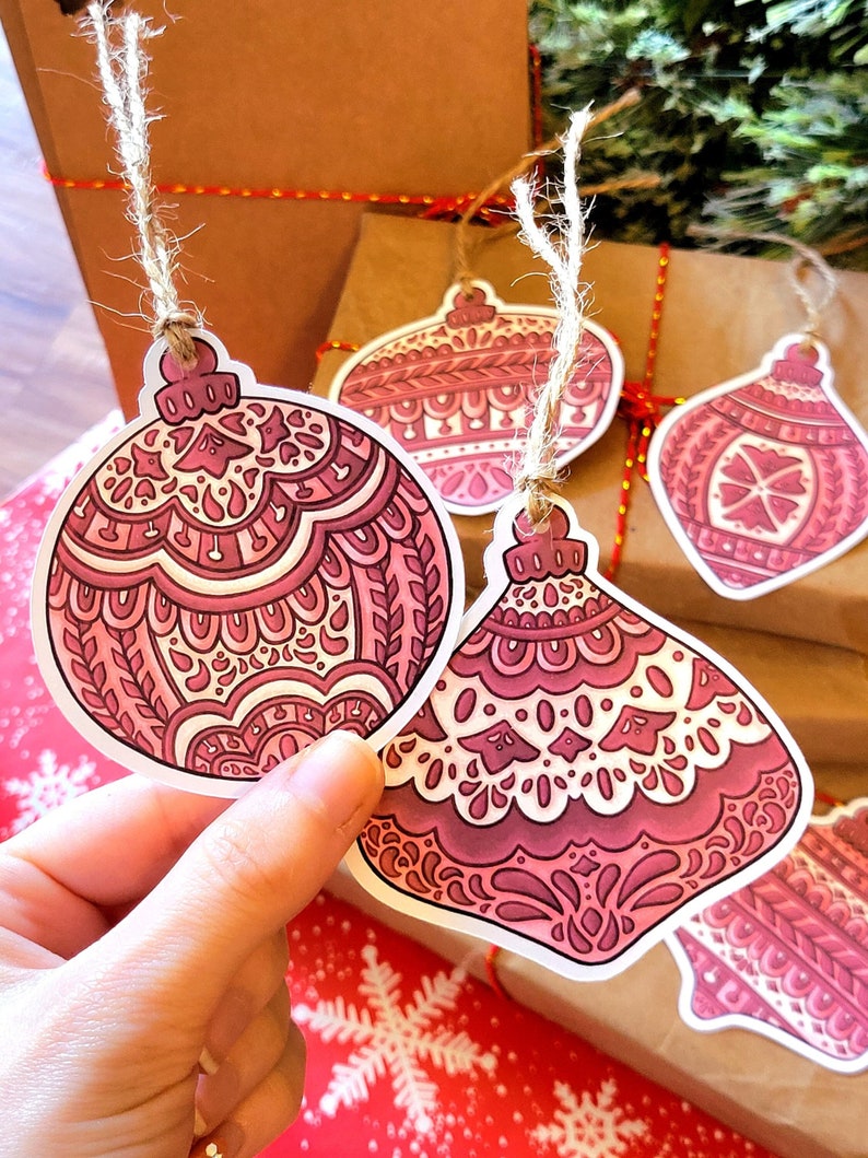 Set of 5 Rustic Gift Hang Tags Red Ornaments with String Secret Festive Present Tags, Holiday Cardstock Folk Art Baubles not Laminated image 1