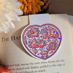 Heart Cat Magnetic Bookmark - Laminated Holographic or Glossy Clear, Pastel Pink Book Accessory, Cozy Bookish Page Holder for Women