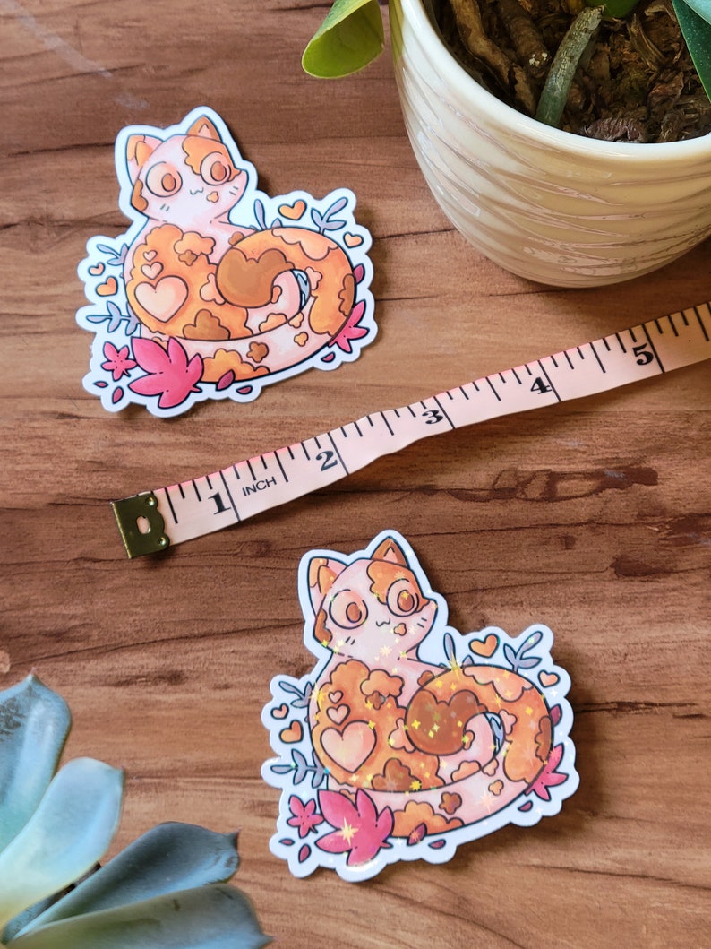 Cute Orange Cat Sticker Holographic or Clear Laminate, Laptop Water Bottle Water Resistant Sticker, Aesthetic Glossy Vinyl Cat Sticker image 4