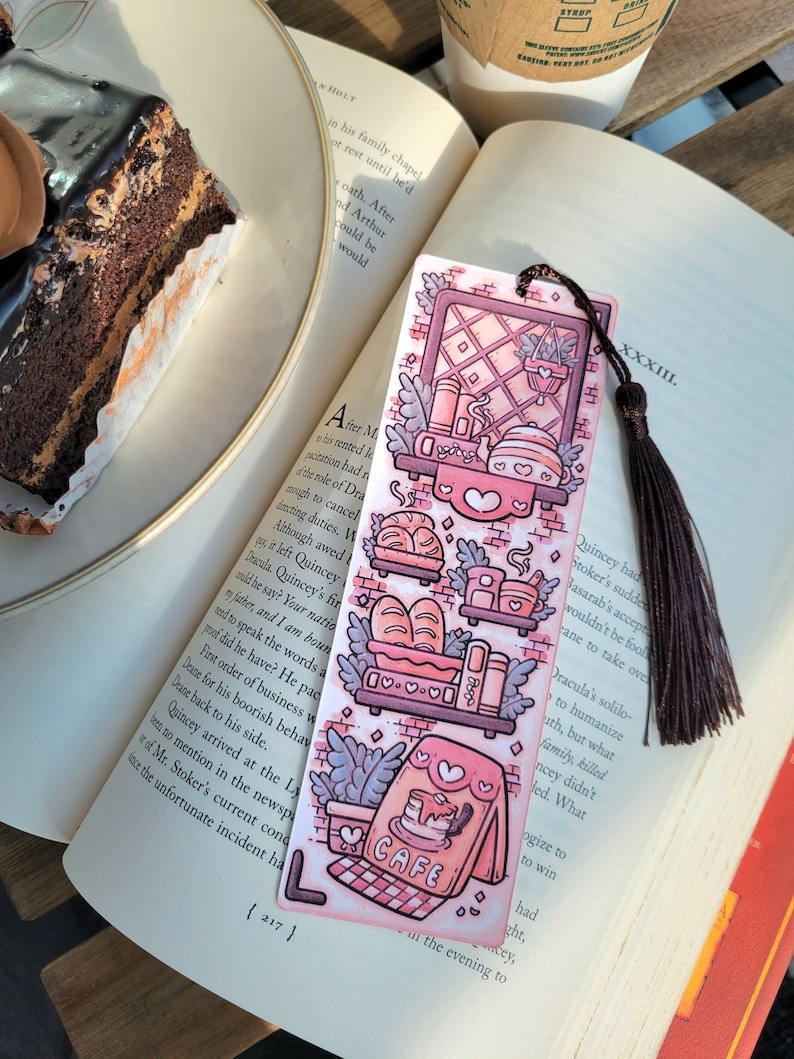 2x6 Cafe Bakery Bookmark with Tassel, Comfy Cozy Cottage Coffee and Tea Bookish Gift, Handmade Cardstock Paper Page Marker not Laminated image 1