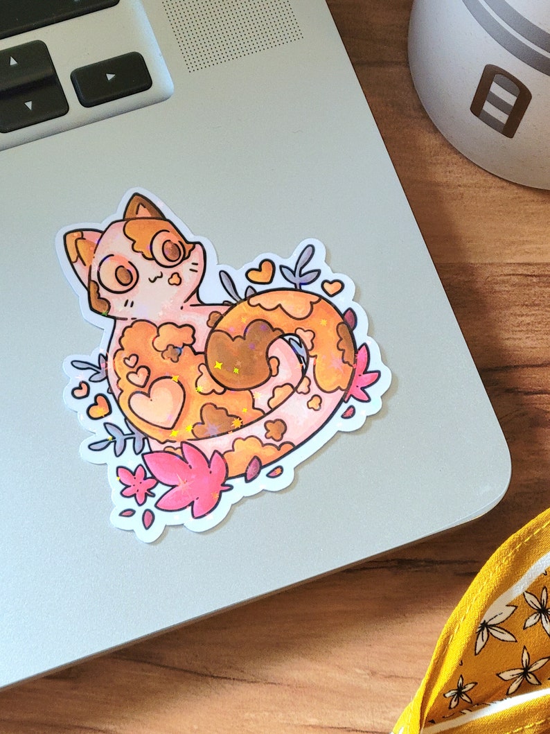 Cute Orange Cat Sticker Holographic or Clear Laminate, Laptop Water Bottle Water Resistant Sticker, Aesthetic Glossy Vinyl Cat Sticker image 5