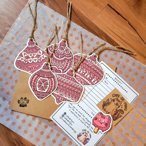 Set of 5 Rustic Gift Hang Tags Red Ornaments with String Secret Festive Present Tags, Holiday Cardstock Folk Art Baubles not Laminated image 10