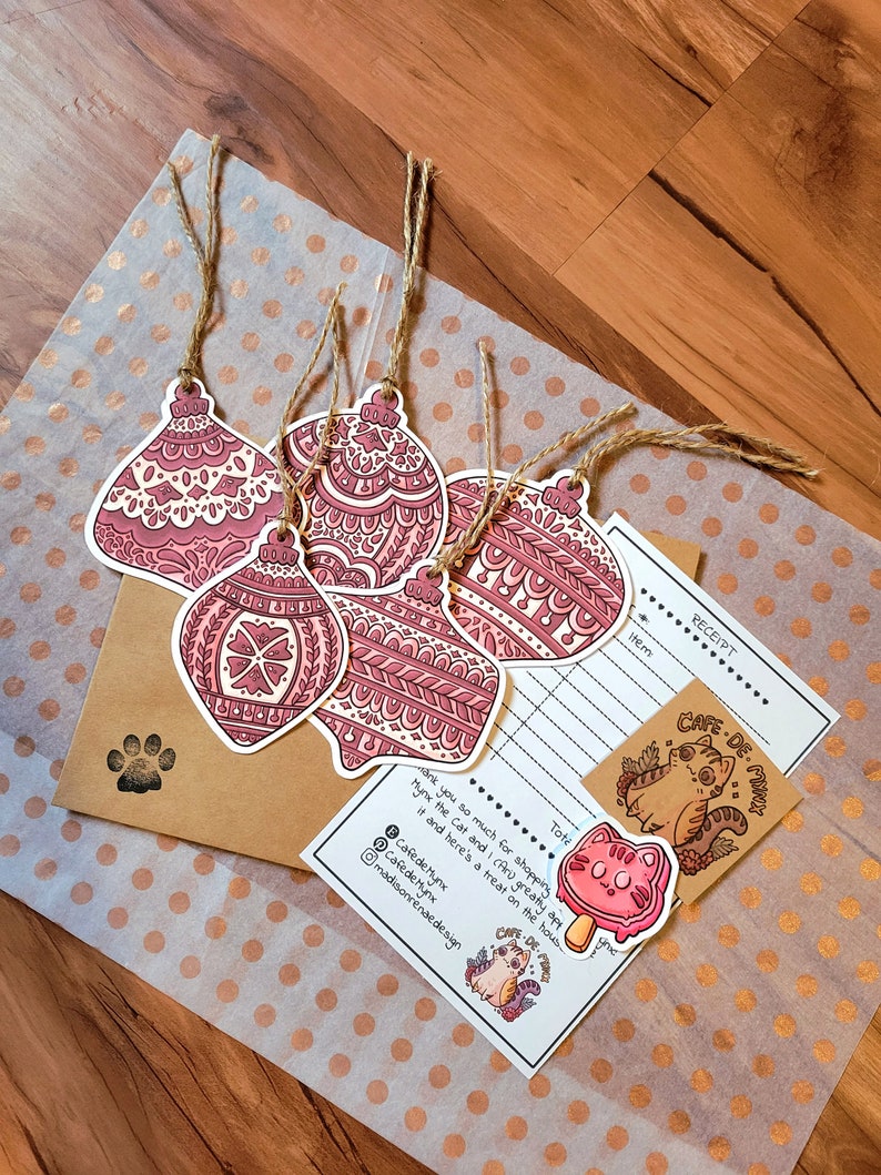 Set of 5 Rustic Gift Hang Tags Red Ornaments with String Secret Festive Present Tags, Holiday Cardstock Folk Art Baubles not Laminated image 10