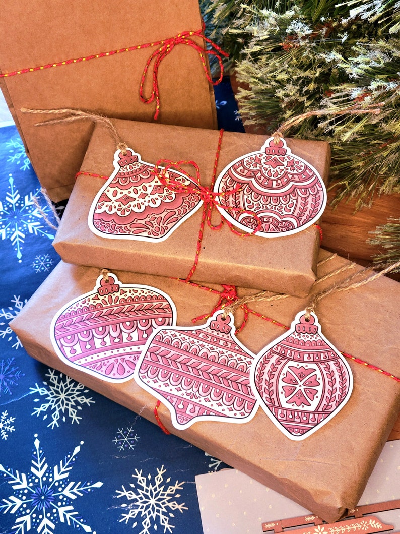 Set of 5 Rustic Gift Hang Tags Red Ornaments with String Secret Festive Present Tags, Holiday Cardstock Folk Art Baubles not Laminated image 5