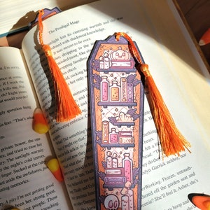 2x6 Gold Orange Coffin Bookmark with Tassel Halloween Cardstock Paper Book Marker, Unique Spooky Witch Library Page Tracker not Laminated image 7