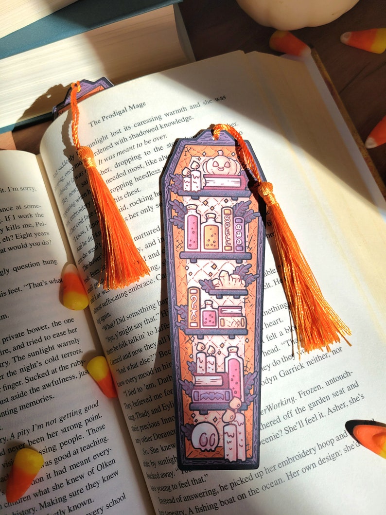 2x6 Gold Orange Coffin Bookmark with Tassel Halloween Cardstock Paper Book Marker, Unique Spooky Witch Library Page Tracker not Laminated image 7