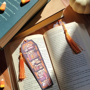 2x6 Gold Orange Coffin Bookmark with Tassel Halloween Cardstock Paper Book Marker, Unique Spooky Witch Library Page Tracker not Laminated image 4