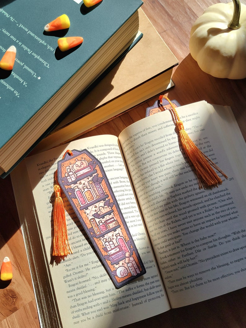 2x6 Gold Orange Coffin Bookmark with Tassel Halloween Cardstock Paper Book Marker, Unique Spooky Witch Library Page Tracker not Laminated image 4