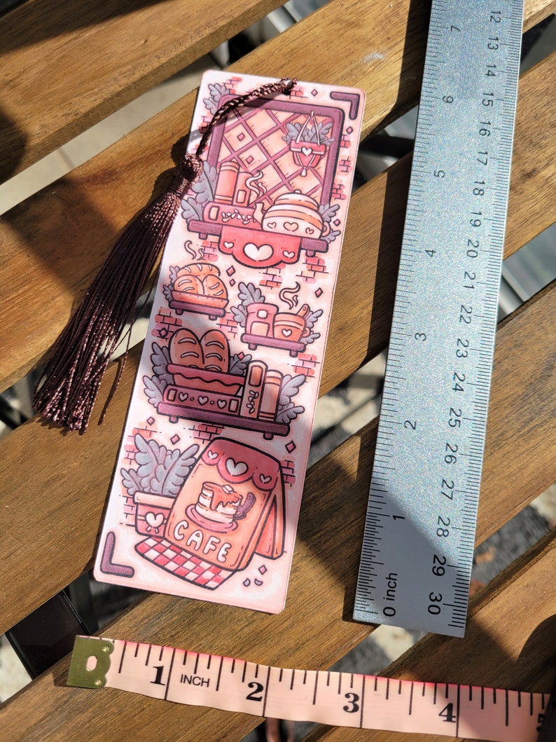 2x6 Cafe Bakery Bookmark with Tassel, Comfy Cozy Cottage Coffee and Tea Bookish Gift, Handmade Cardstock Paper Page Marker not Laminated image 3