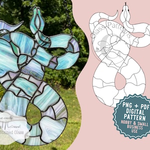 May include: A stained glass snake pattern in shades of blue and purple. The pattern is outlined in black and is ready to be used for stained glass projects. The image also includes a digital pattern for hobby and small business use.