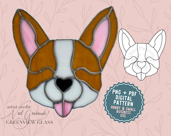 Lindo patrón de vitral de Corgi Descarga digital PNG PDF SVG Patrones de vidrio de C Perro Perros Cachorro Cachorros Corgis