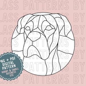 May include: Black and white line art digital pattern of a dog's head in a circle. The pattern is for stained glass projects. The text "PNG + PDF DIGITAL PATTERN HOBBY & SMALL BUSINESS USE" is on a blue starburst.