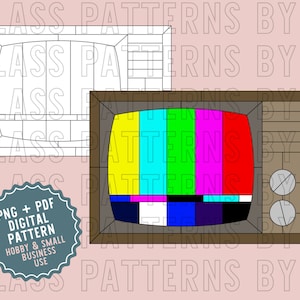 May include: A digital pattern for a stained glass project featuring a vintage television with a test pattern on the screen. The pattern is in black and white with a color test pattern in the center. The television is brown with a wooden frame. The pattern is labeled "PNG + PDF Digital Pattern Hobby & Small Business Use".