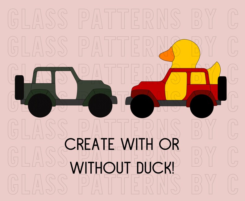 May include: A red and green toy jeep with a yellow rubber duck on top. The text "CREATE WITH OR WITHOUT DUCK!" is below the jeeps.