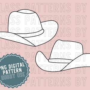 May include: Two white cowboy hats with black outlines. The hats are on a pink background with the text "GLASS PATTERNS BY C" repeated.