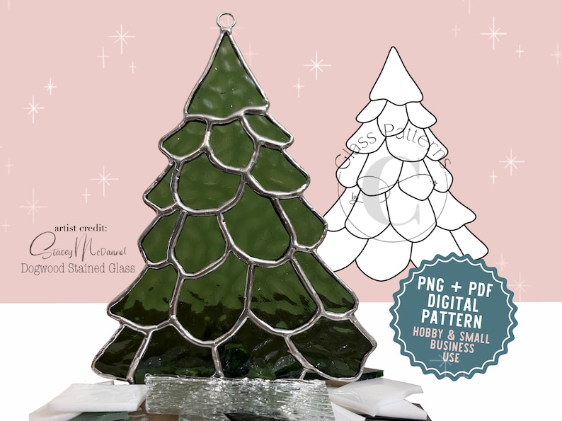 Evergreen Tree Stained Glass Pattern Digital Download Glass Patterns by C PNG PDF SVG Christmas Santa Hat Lights Holiday Winter Pine image 1