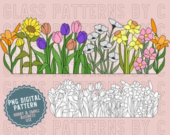 Floral Garden Bed Stained Glass Pattern Digital Download Glass Patterns by C PNG PDF SVG Flower Flowers Tulips Lilies Daisies Poppies