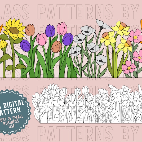 Floral Garden Bed Stained Glass Pattern Digital Download Flower Flowers Tulips Lilies Daisies Poppies