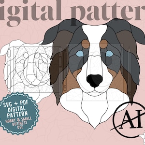 May include: A digital pattern featuring a stained glass style illustration of a dog head with black, brown, and white segments. The text reads digital pattern, SVG + PDF DIGITAL PATTERN HOBBY & SMALL BUSINESS USE, and AI with a line through it.