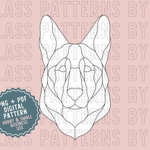 May include: Line art digital pattern of a German Shepherd dog's head. The pattern is in black and white and is suitable for hobby and small business use. The image includes the text "PNG + PDF Digital Pattern Hobby & Small Business Use".