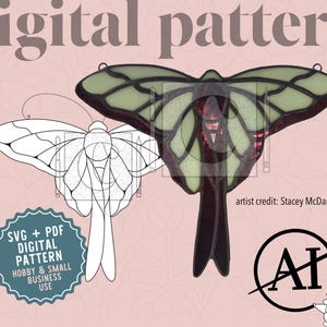 May include: A digital pattern for a moth-shaped stained glass piece, featuring a black and white line drawing alongside a finished version with pale green wings and dark purple accents. Text includes digital pattern, SVG + PDF, and artist credit.