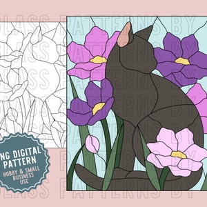 May include: A stained glass pattern of a black cat sitting in a field of purple and pink flowers. The pattern is outlined in black and the flowers have yellow centres. The image is on a light blue background.