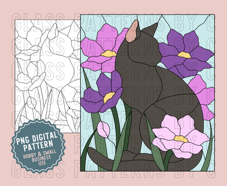 Flower Cat Stained Glass Pattern Digital Download PNG PDF Floral Kitty ...