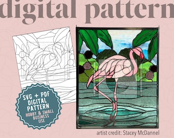 Flamingo-Glasmalerei-Muster zum digitalen Download, Vogel-, tropische Strand- und Blumenmuster von C (SVG/PDF)