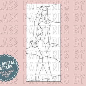 May include: A black and white line art stained glass pattern of a woman wearing a swimsuit and sunglasses. The pattern is labelled "PNG Digital Pattern" and "Hobby & Small Business Use".