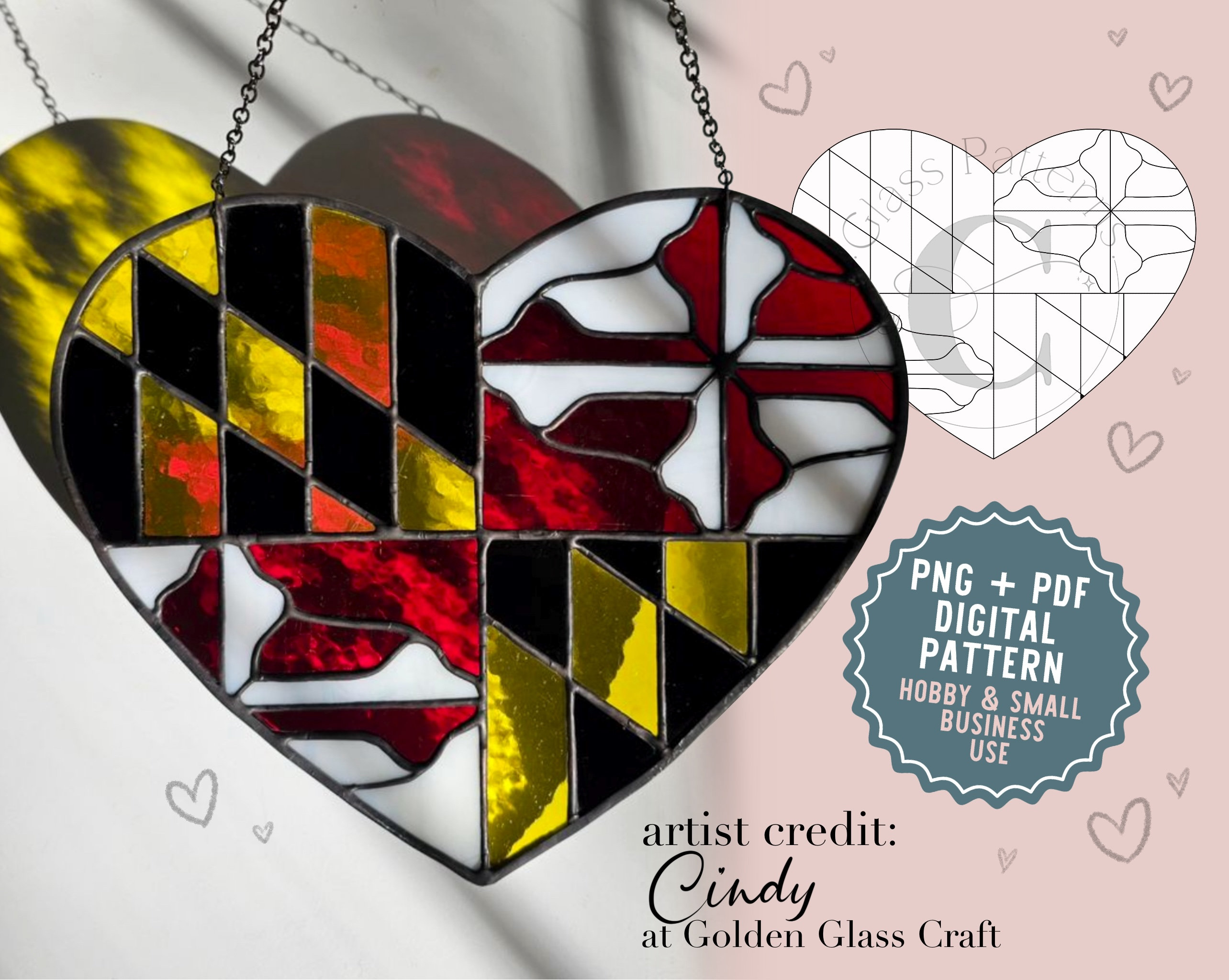 Maryland Flag Heart Stained Glass Pattern Digital Download MD State Flag PNG PDF Glass Patterns by C