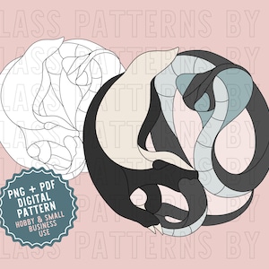 May include: Black and white digital pattern of two intertwined dragons. The dragons are in a yin yang style, with one dragon being black and the other white. The pattern is perfect for stained glass projects, home decor, and more.