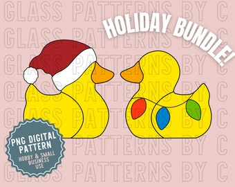 Holiday Rubber Duckie Stained Glass Pattern Bundle of 2 Digital Download Christmas Ducks Santa Hat Lights Glass Patterns by C PNG SVG PDF