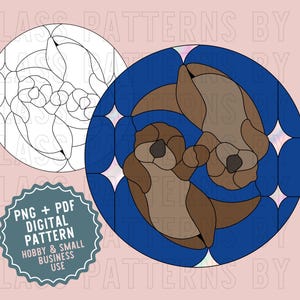 May include: A stained glass pattern featuring two brown dogs with blue and white accents. The pattern is available as a digital download in PNG and PDF formats. The text "GLASS PATTERNS BY C" appears at the top and bottom of the image.