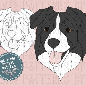 May include: Digital pattern for stained glass art featuring two dogs, one black and white and one white, with their tongues sticking out. The pattern is for hobby and small business use.