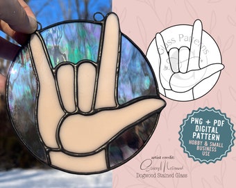 ILY Modello di vetro colorato a mano Download digitale Acchiappasole Ti amo Regalo Lingua dei segni Modelli di vetro di C SVG PDF