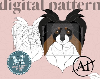 Diseño de patrón de vidriera Papillon Descarga digital Perro SVG PDF Patrones de vidrio por C Retrato de mascotas Perros Cachorros Razas