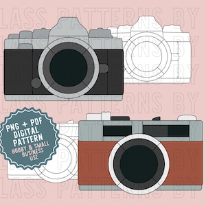 May include: Two digital camera illustrations, one in black and white and one in brown and white. The black and white camera is a more detailed illustration with a lens and buttons. The brown and white camera is a simpler illustration with a lens and a rounded body.