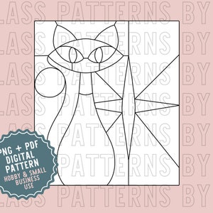 Puede incluir: Un patrón digital de línea en blanco y negro de un gato con un diseño de estrella. El patrón está etiquetado como "GLASS PATTERNS BY C" e incluye una nota que indica que es un patrón digital PNG y PDF para uso de pasatiempos y pequeñas empresas.