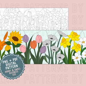 May include: A digital stained glass pattern featuring a variety of flowers, including a sunflower, tulips, daffodils, and lilies. The pattern is on a light blue background and includes a black and white outline of the pattern.