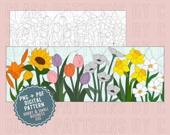Floral Garden Bed Stained Glass Panel Pattern Digital Download Glass Patterns by C PNG PDF Flower Flowers Tulips Lilies Daisies Poppies SVG