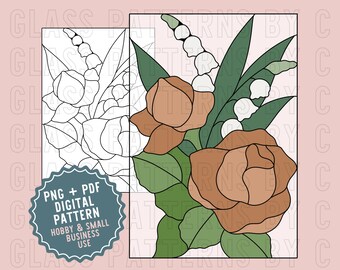 Patrón de vitral con flores de lirio de los valles y rosas, descarga digital SVG PDF, patrones de vitrales florales de C Floral Botanical