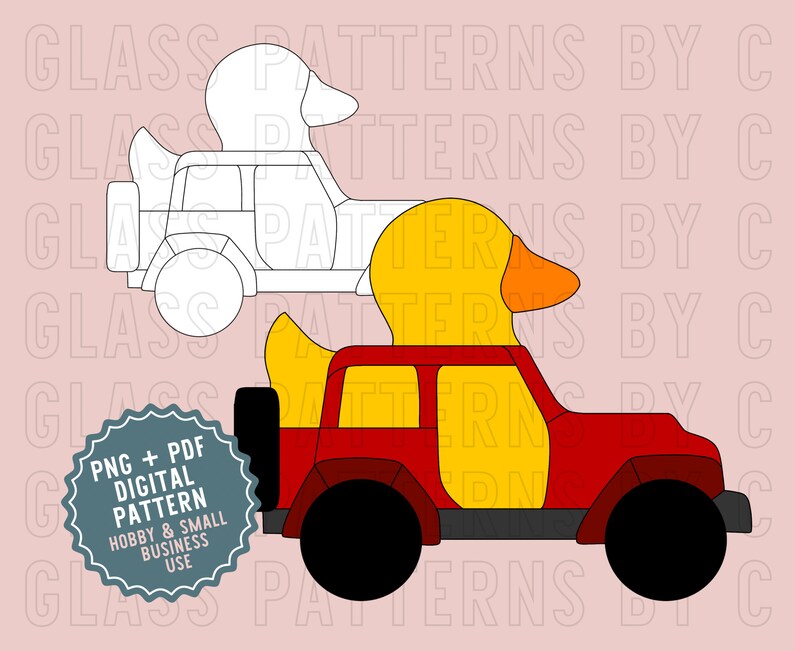 May include: A digital pattern for a red and yellow toy jeep with a yellow rubber duck on top. The pattern is for hobby and small business use.