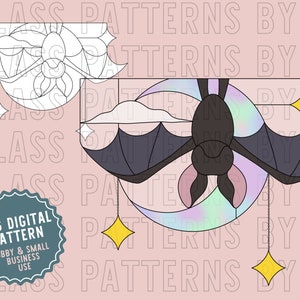 Bat Corner Stained Glass Pattern Digital Download Moon Stars Halloween Night