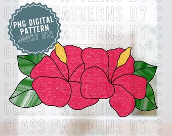 May include: A digital download of a stained glass pattern featuring a pink hibiscus flower with yellow centers and green leaves. The pattern is for hobby use only.